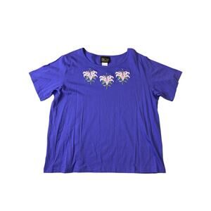 Bob Mackie Wearable Art Purple Embroidered T-Shirt Plus Size 1X Floral Cute ￼￼